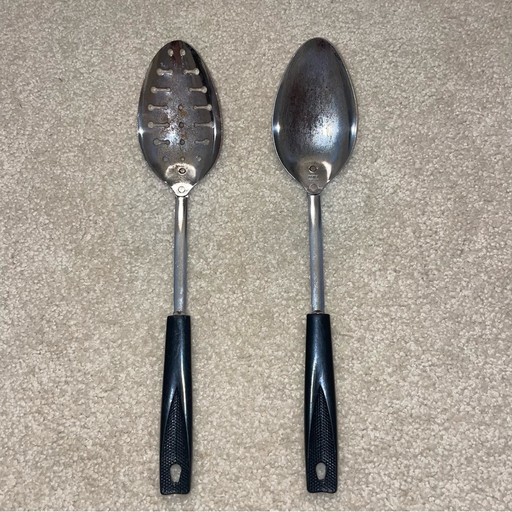 Vtg Ekco Stainless Slotted & Solid Serving Basting Spoon Set Of 2 USA